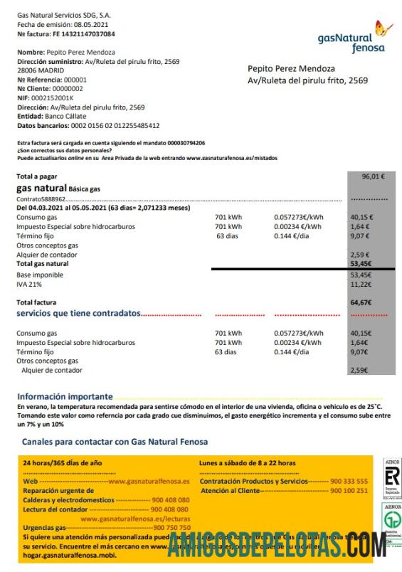 realista Modelo de fatura de serviços públicos GasNatural Fenosa da Espanha em formato Word e PDF